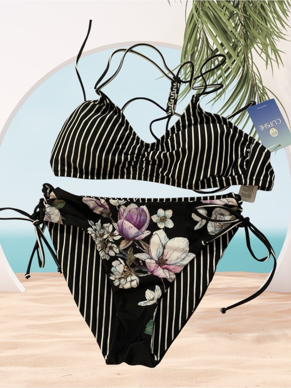 Cupshe Black Striped & Floral Tie-Side Bikini
